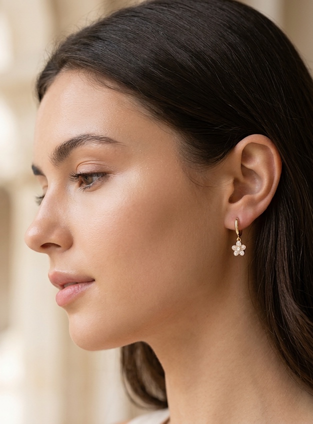 Gold star earring on a model