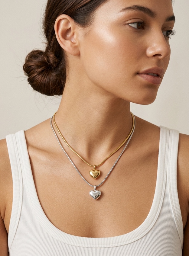 Heart pendant worn by a model