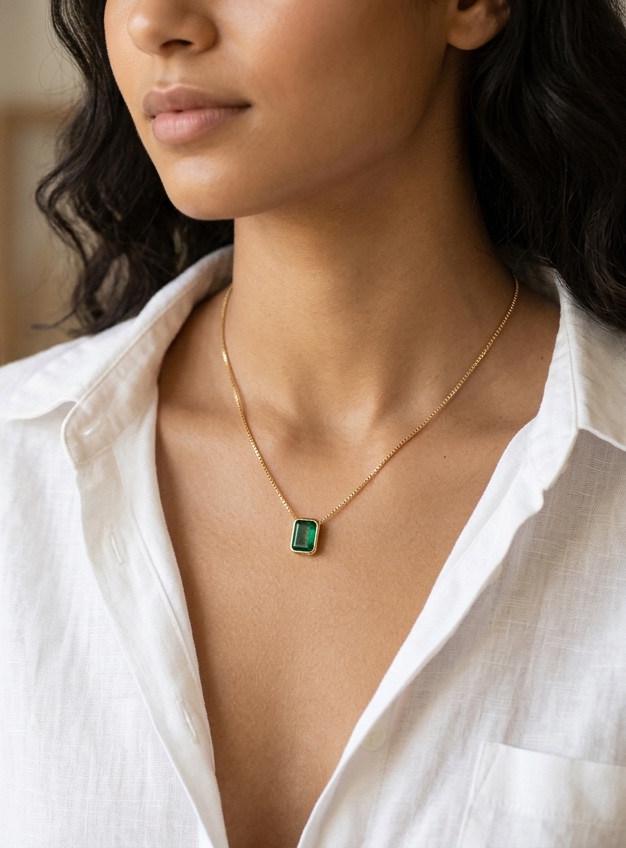 Emerald Drop Necklace worn by a model