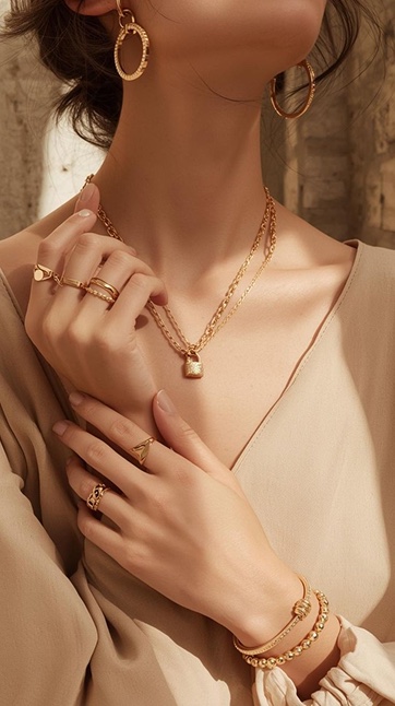 Woman wearing layered gold jewellery