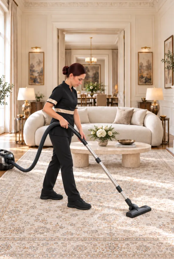 Employée de maison passant l’aspirateur dans un salon