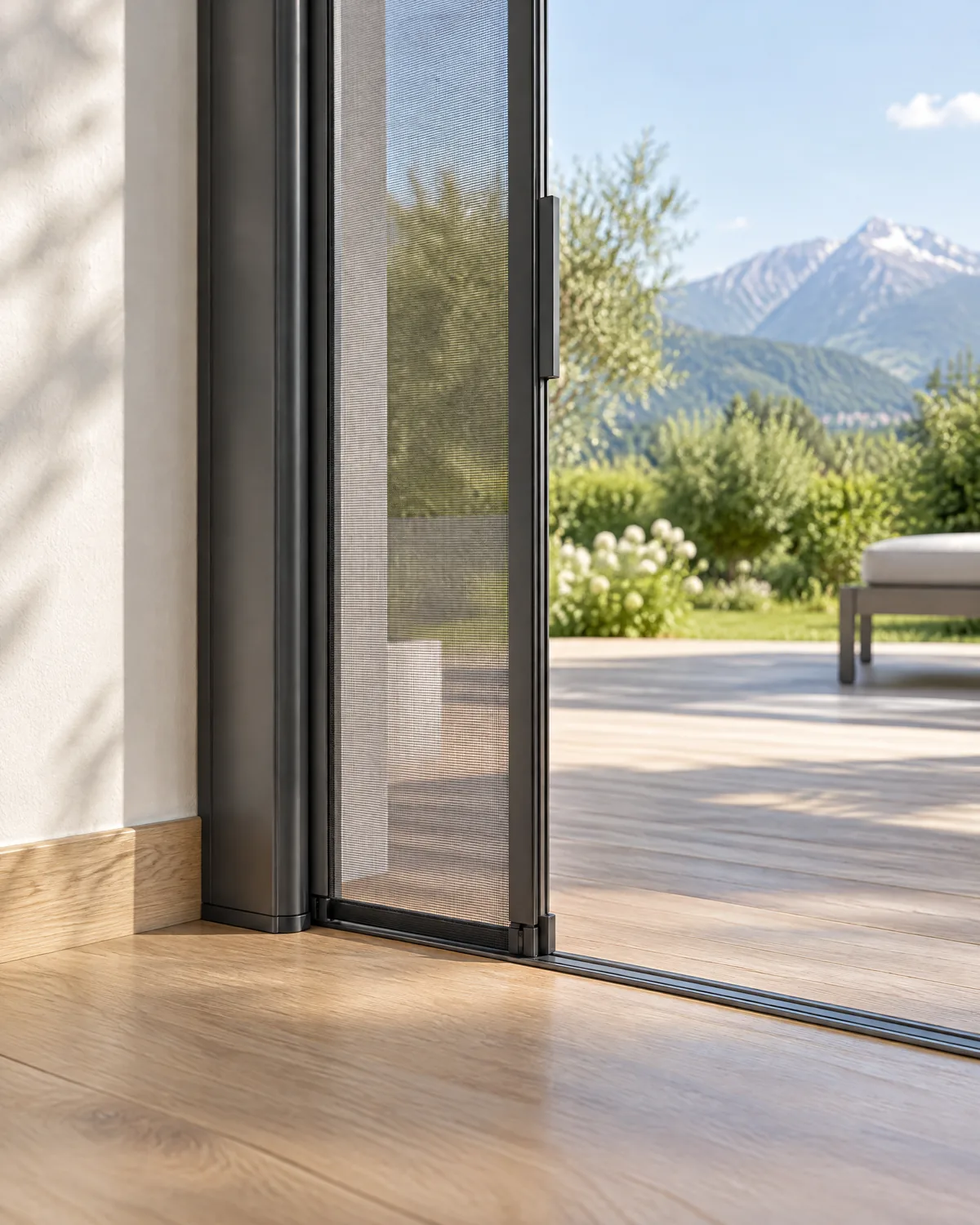 Bas d’une moustiquaire latérale enroulable en gros plan : cassette en aluminium thermolaqué anthracite, rail au sol très fin sur un parquet de chêne, toile haute transparence.