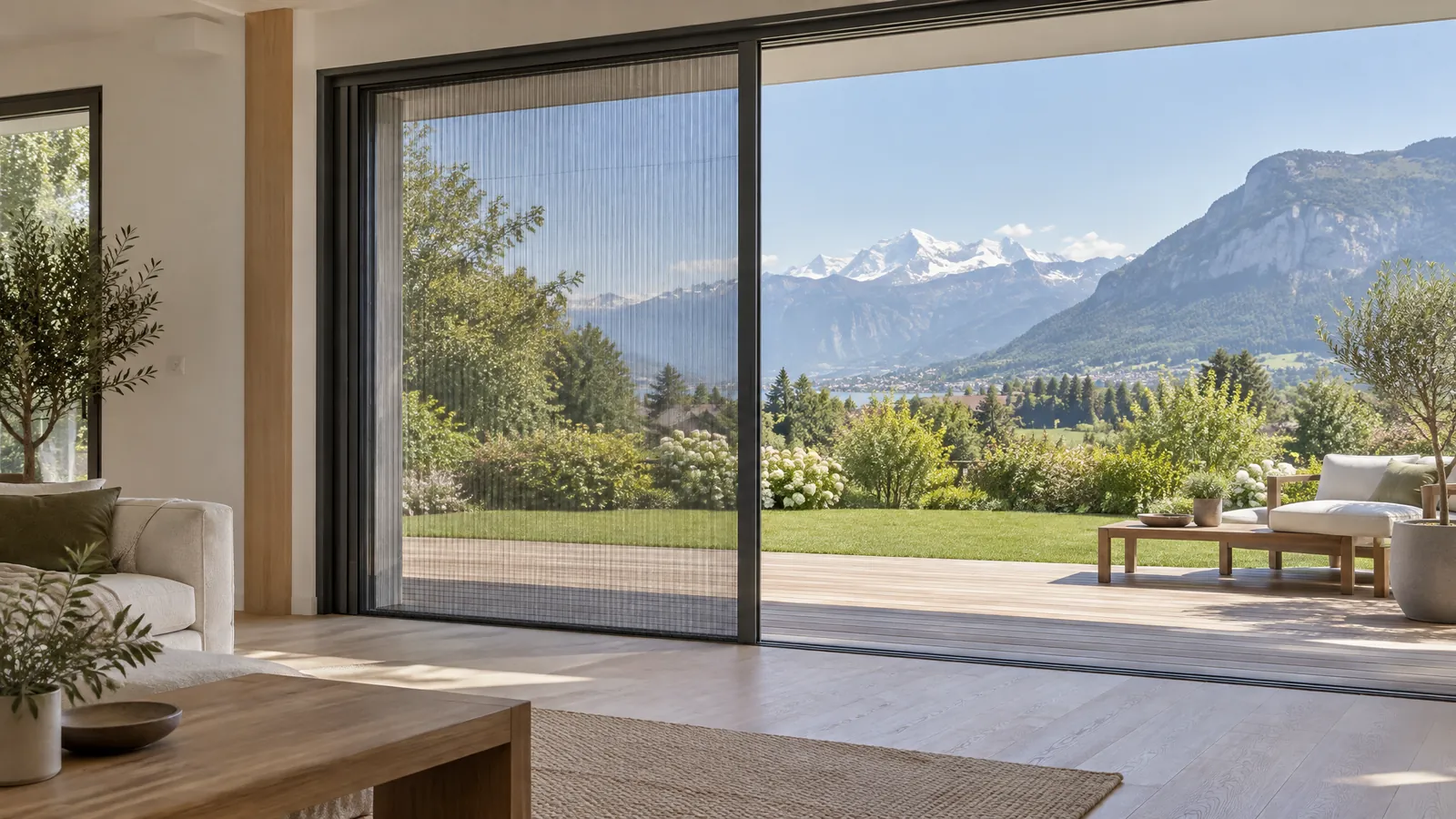 Grande baie d’un séjour équipée d’une moustiquaire plissée latérale à demi tirée : toile fine et translucide plissée en accordéon, profilé aluminium anthracite, jardin et Alpes derrière.