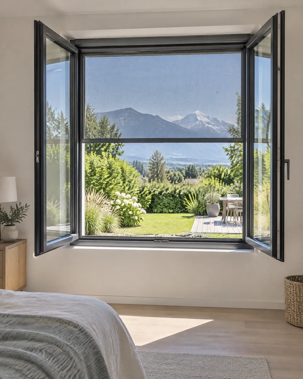 Fenêtre à deux vantaux ouverts dans une chambre claire, moustiquaire enroulable descendue à mi-hauteur, jardin et montagnes au loin.