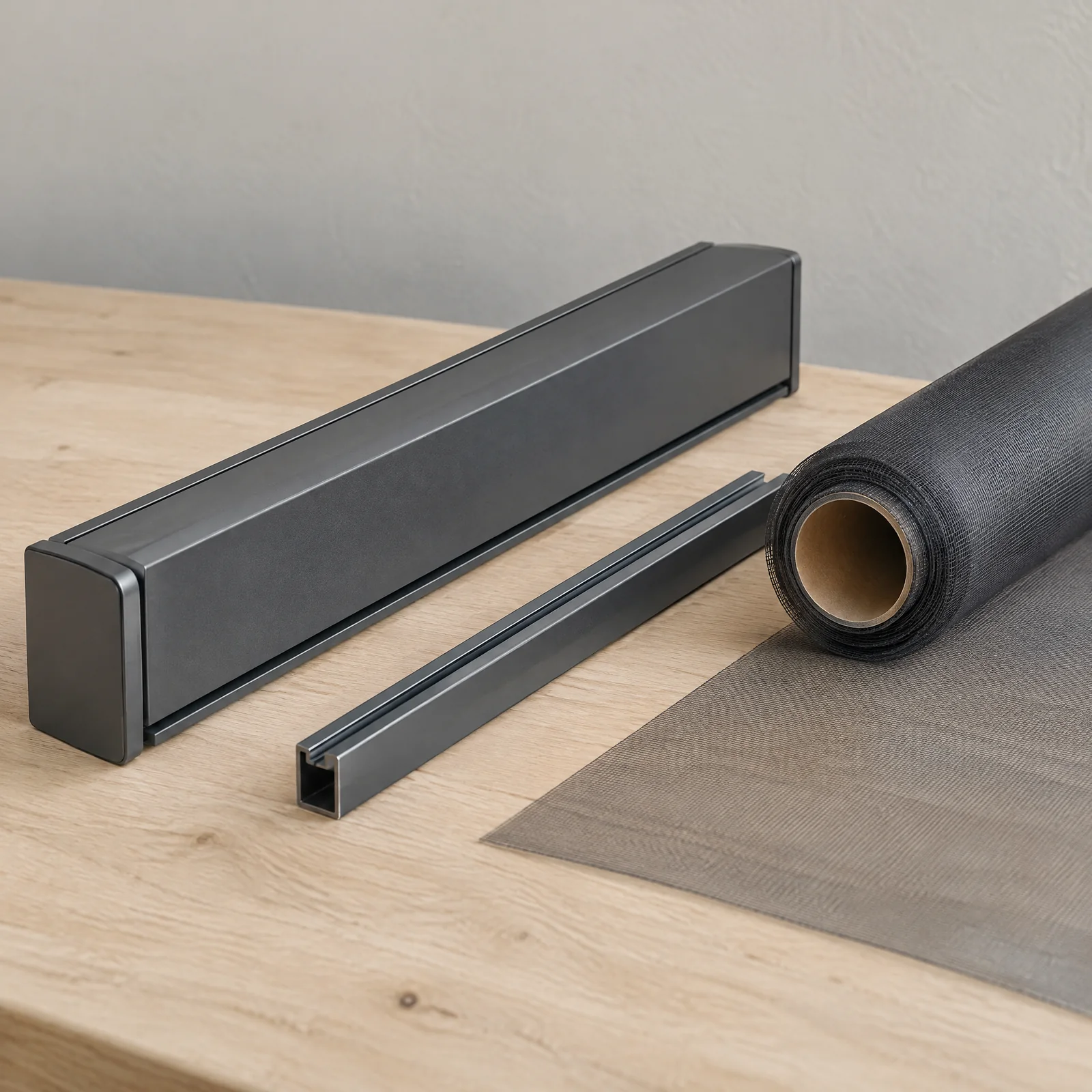 Sur un établi en bois clair : une cassette de moustiquaire en aluminium anthracite, un rail de guidage et un rouleau de toile grise.