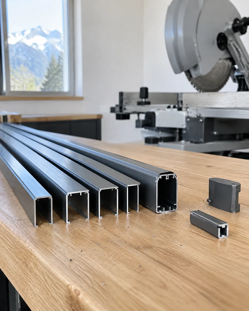 Rails et profil de cassette en aluminium anthracite coupés à longueur sur la table de coupe de l’atelier, la tronçonneuse à l’arrière-plan