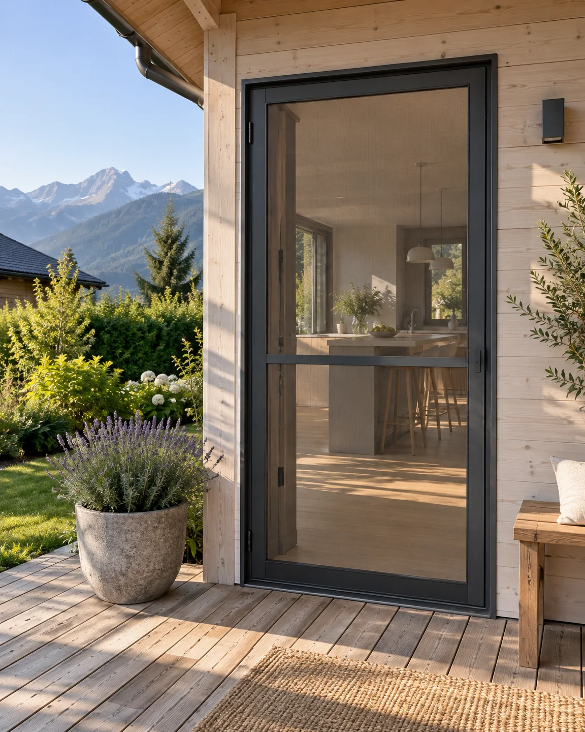 Vue depuis la terrasse : porte de cuisine fermée par une moustiquaire battante à cadre aluminium anthracite, bardage bois clair, lavande en pot.