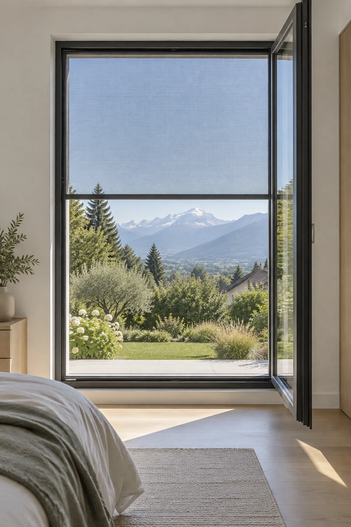 Grande fenêtre d’une chambre claire équipée d’une moustiquaire plissée verticale arrêtée à mi-hauteur, profil fin en haut, jardin et Mont-Blanc derrière.