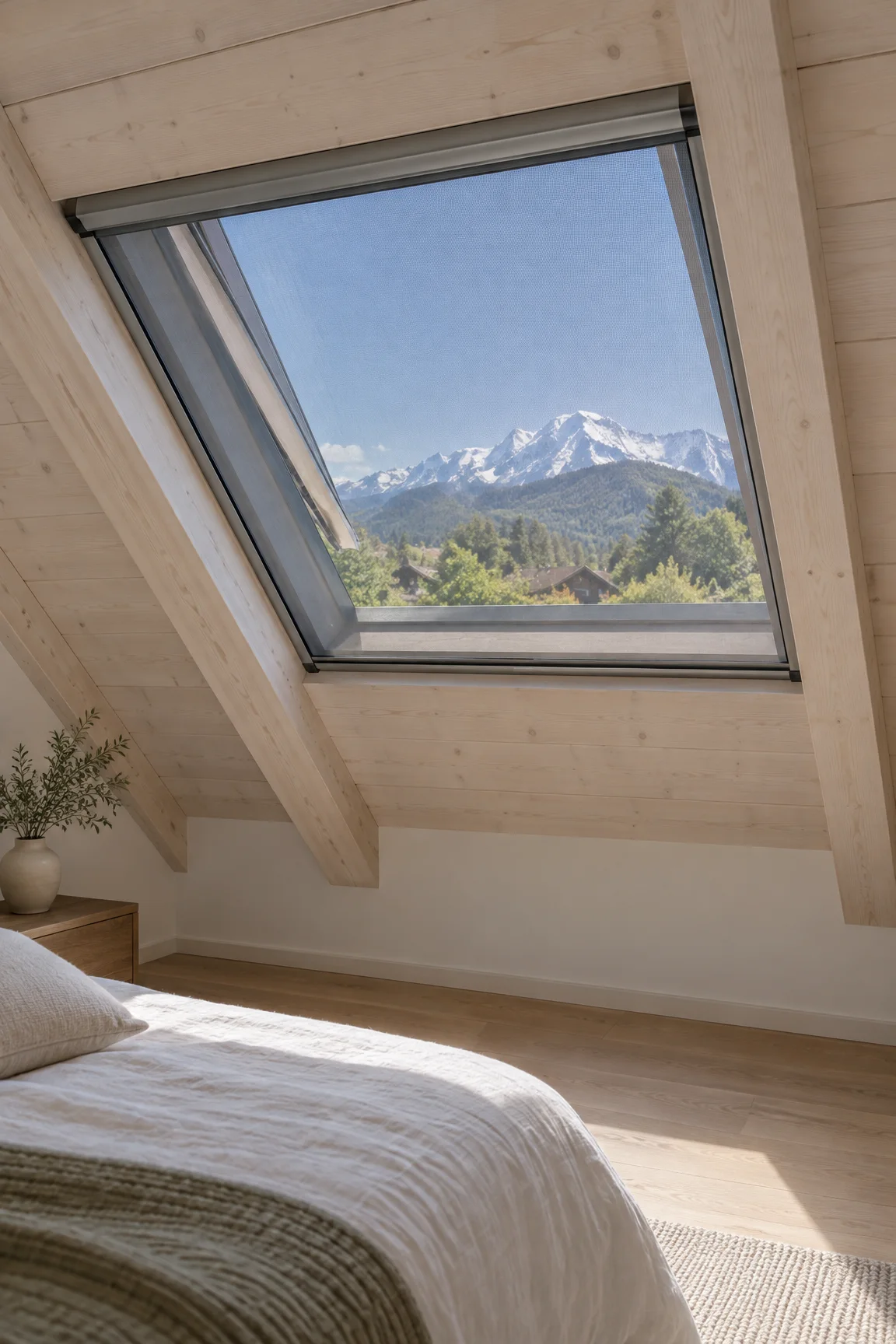 Chambre sous les toits, fenêtre de toit ouverte et fermée côté intérieur par une moustiquaire enroulable dans son embrasure, ciel bleu et sommets.