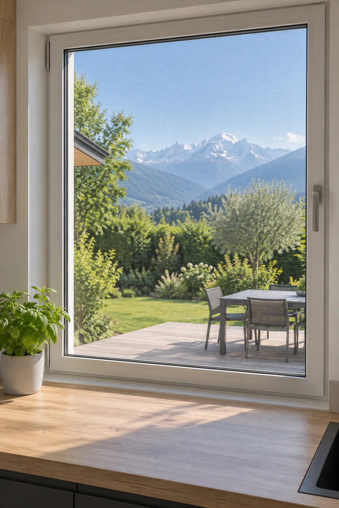 Fenêtre PVC blanche d’une cuisine claire équipée d’un cadre de moustiquaire fixe en aluminium blanc, toile tendue presque invisible, jardin et montagnes derrière.