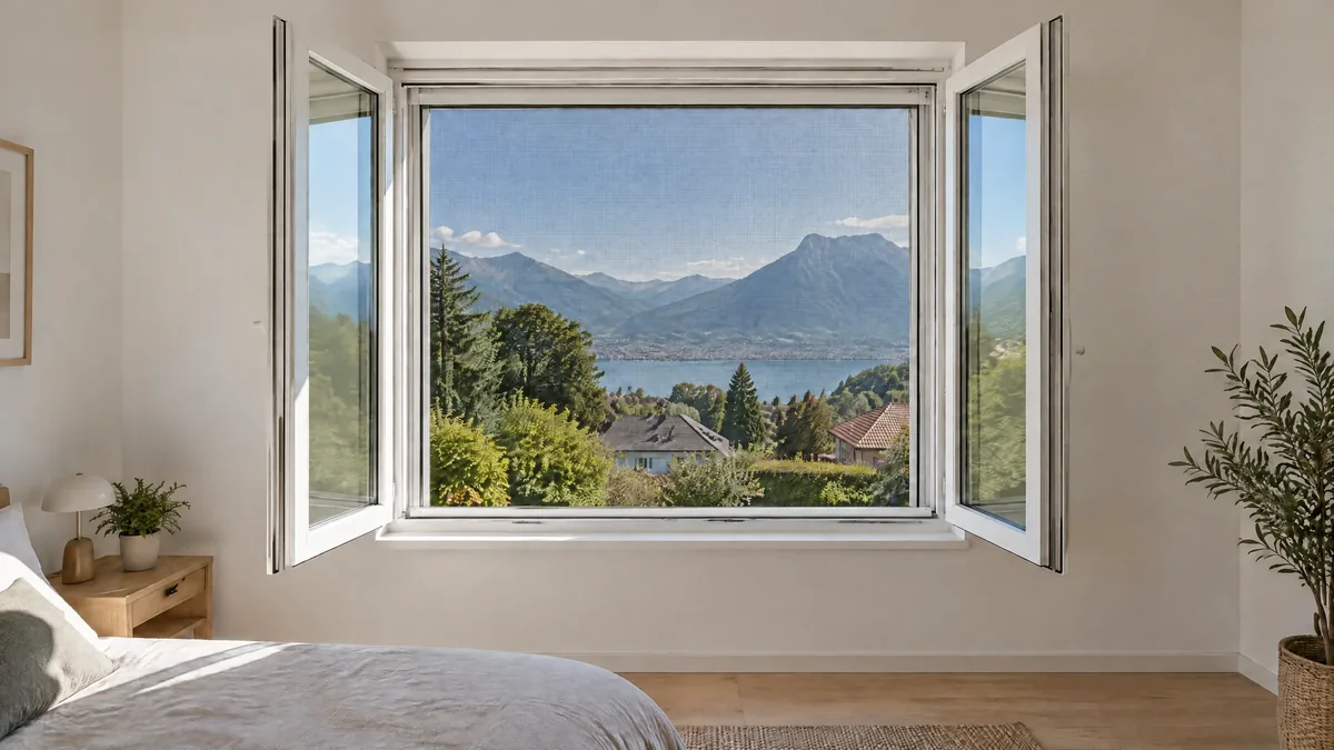 Fenêtre PVC blanche ouverte sur le lac d’Annecy, moustiquaire enroulable descendue dans le tableau (photo d’illustration).