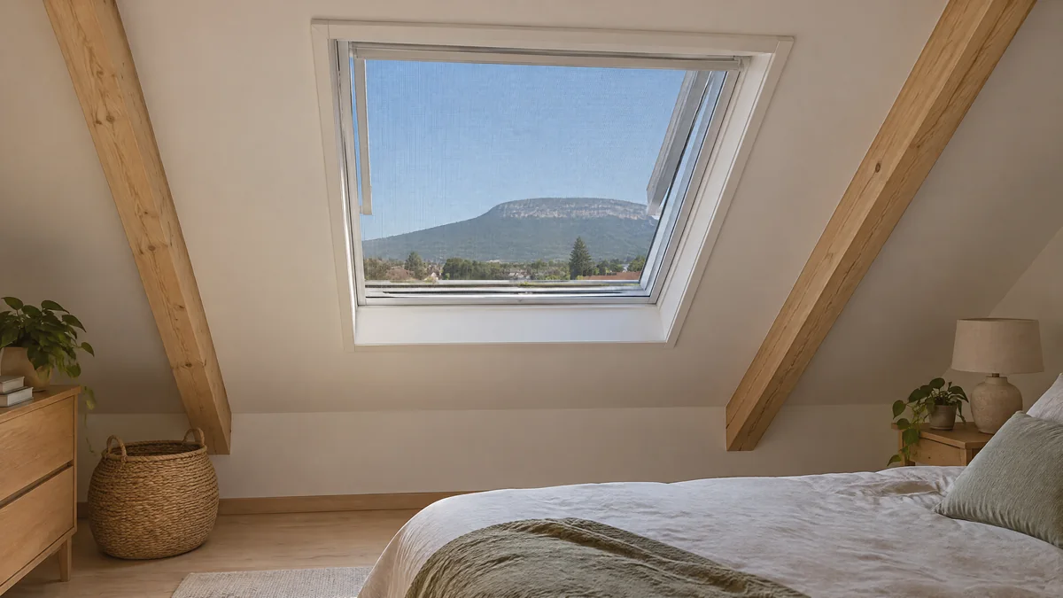 Chambre sous les combles, fenêtre de toit équipée d’une moustiquaire enroulable, le Salève derrière la toile (photo d’illustration).