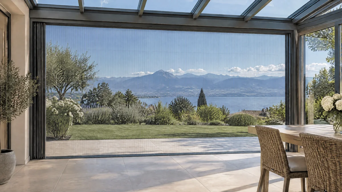 Véranda anthracite face au lac Léman, moustiquaire plissée tirée devant la baie ouverte (photo d’illustration).
