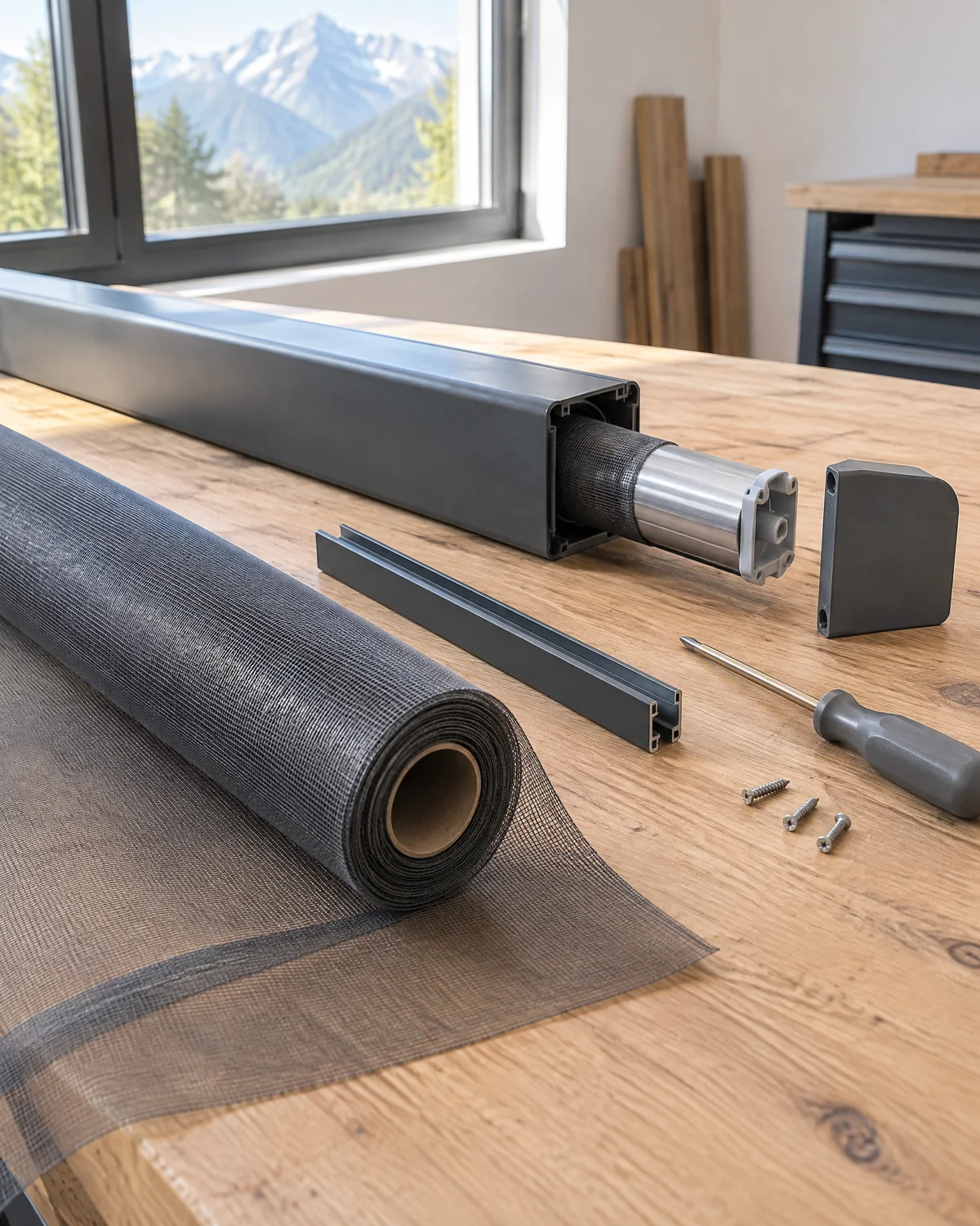 Sur un établi en chêne clair, une cassette de moustiquaire en aluminium anthracite ouverte, son tube d’enroulement sorti et son embout posé à côté, avec un rail de guidage, un rouleau de toile neuve, un tournevis et trois vis