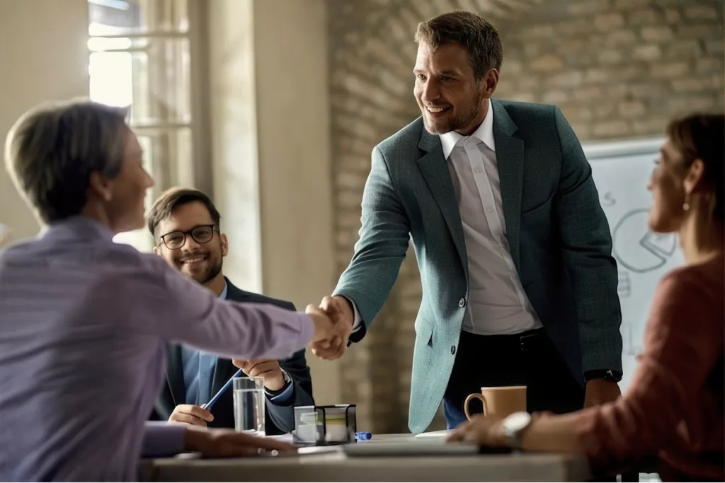 Colleagues shaking hands across a table in a meeting