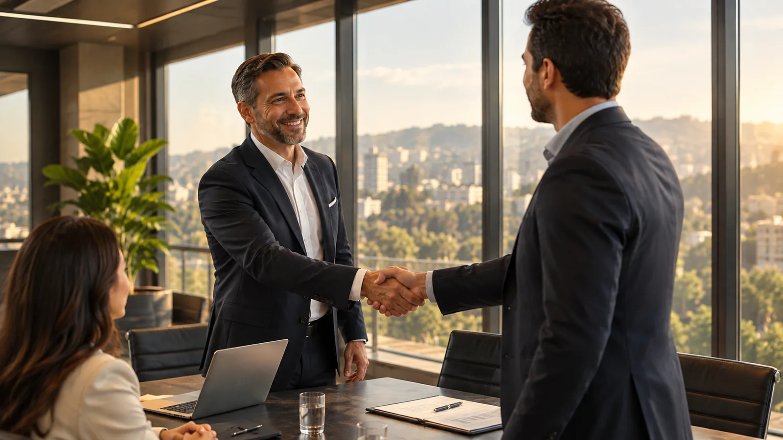 Two businessmen shaking hands across a meeting table by a window