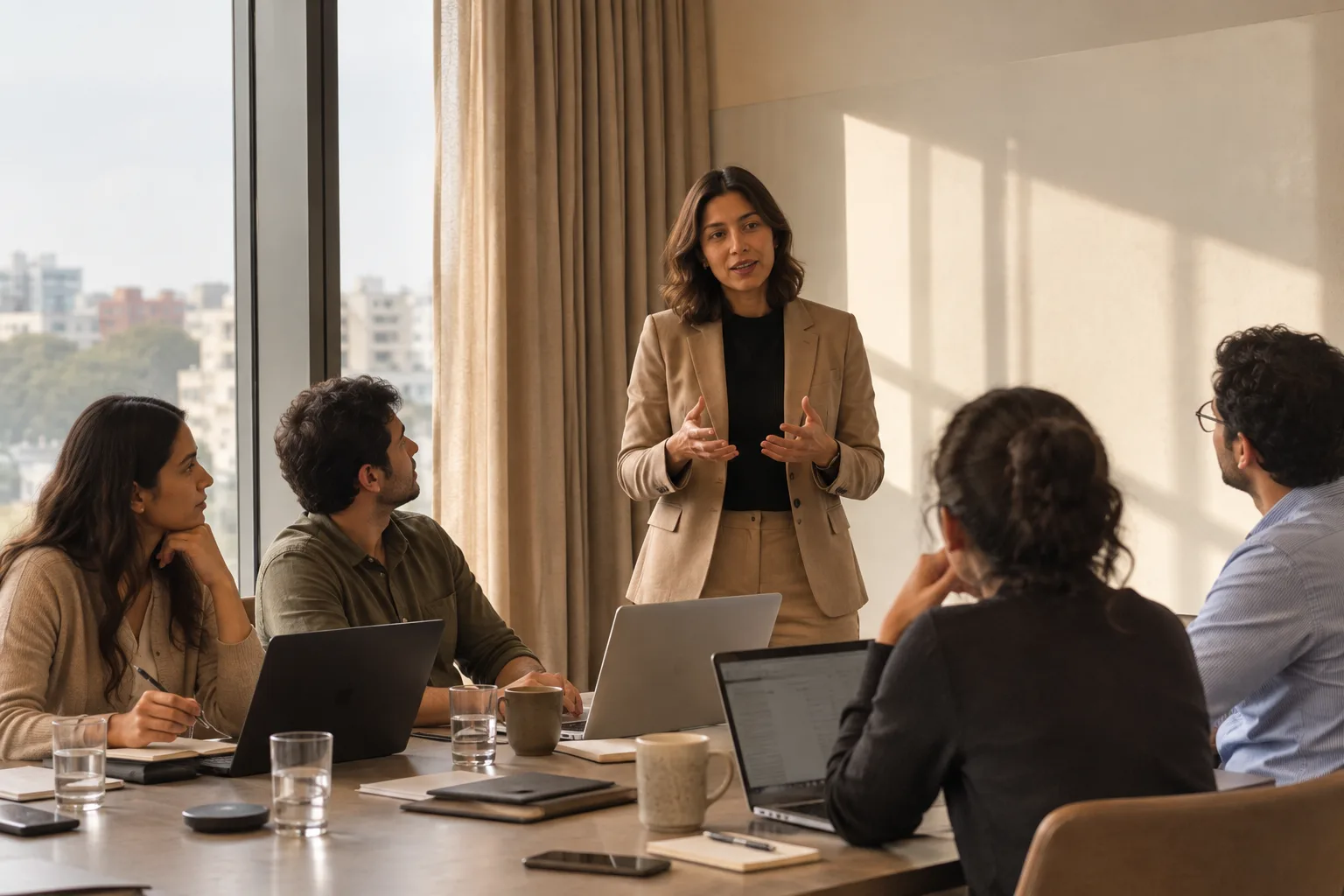 A woman presenting to colleagues seated around a table