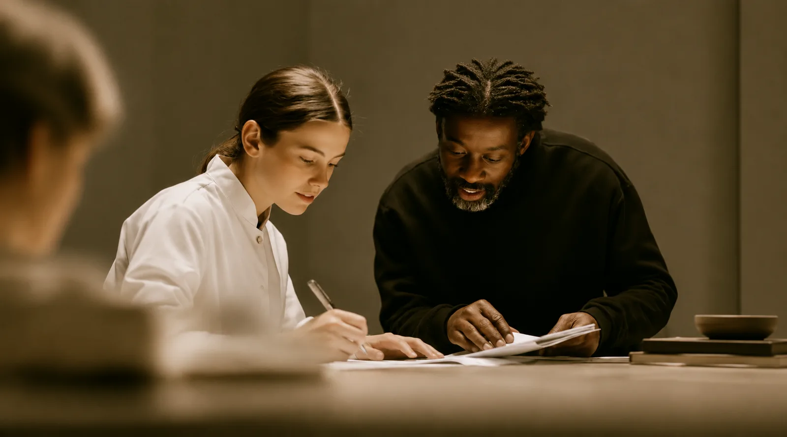 Two colleagues reviewing papers together at a table