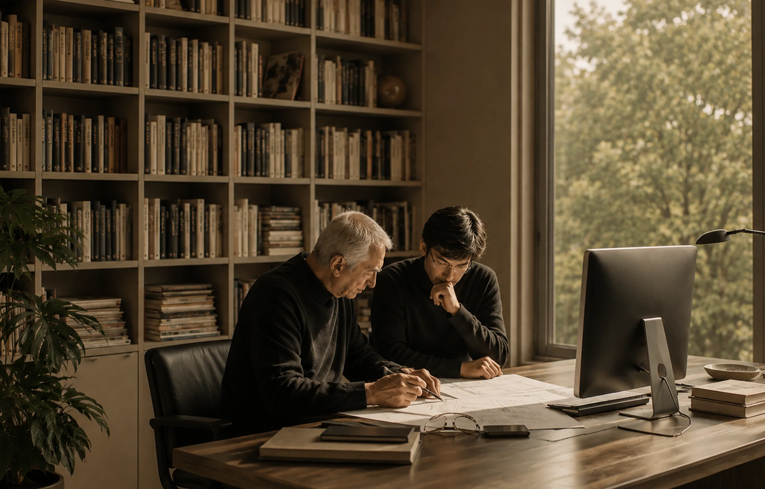 Two men studying drawings at a desk in a book-lined study, a window onto trees behind them