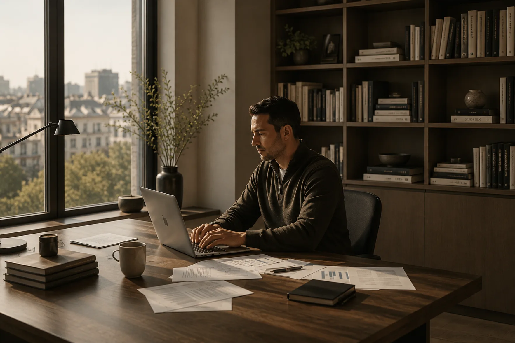 A man working at a laptop at a desk in a book-lined study