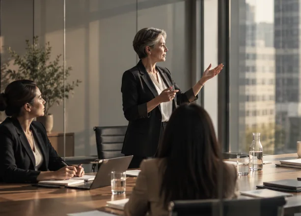 A woman presenting to colleagues seated around a boardroom table