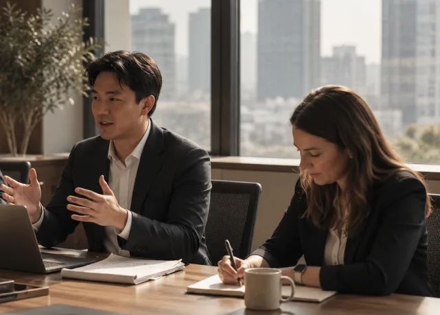 A man explaining a point to a colleague taking notes in a city-view office
