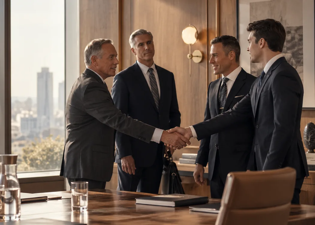 Business partners shaking hands across a boardroom table