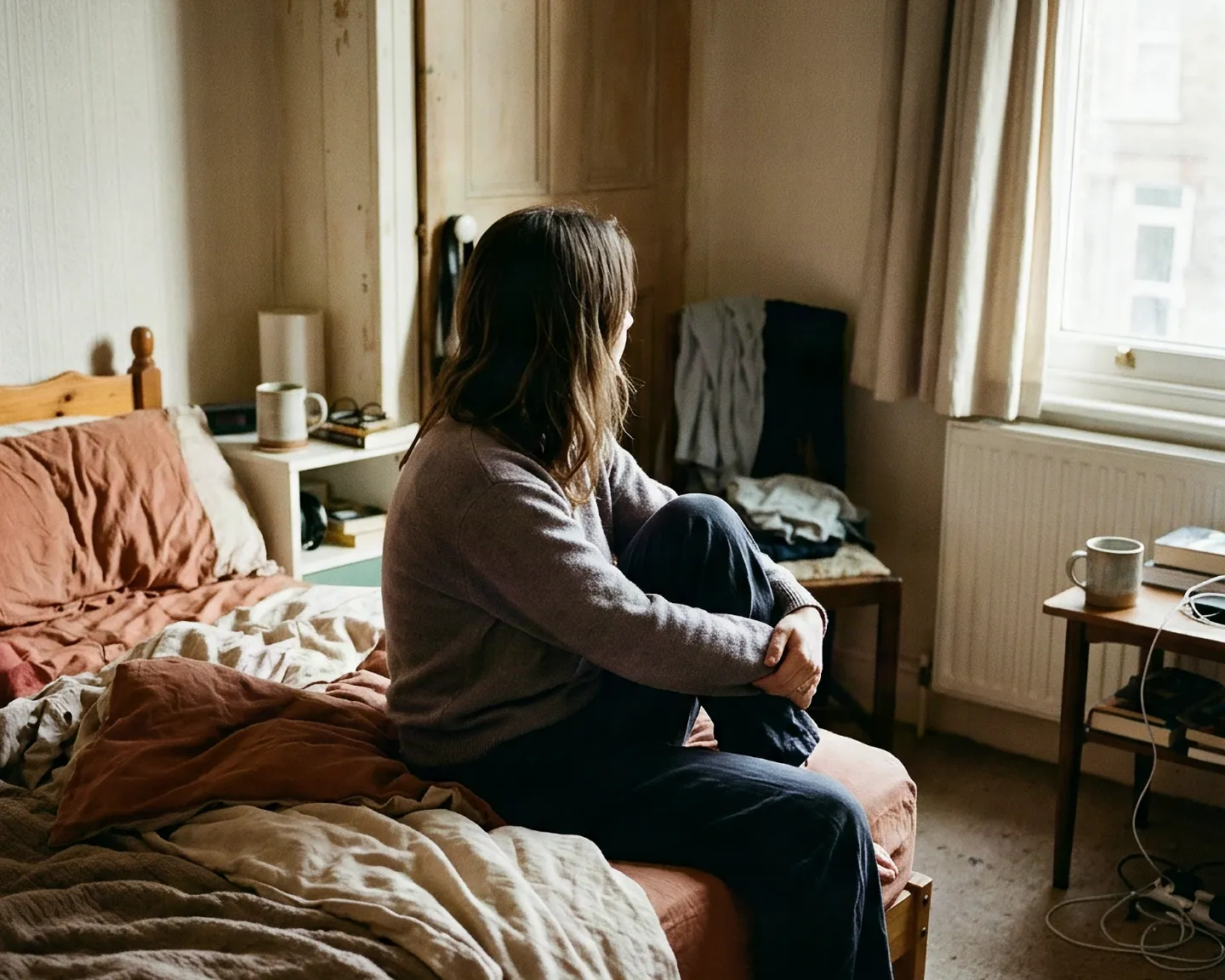 A woman sitting on the edge of her unmade bed, looking towards the window