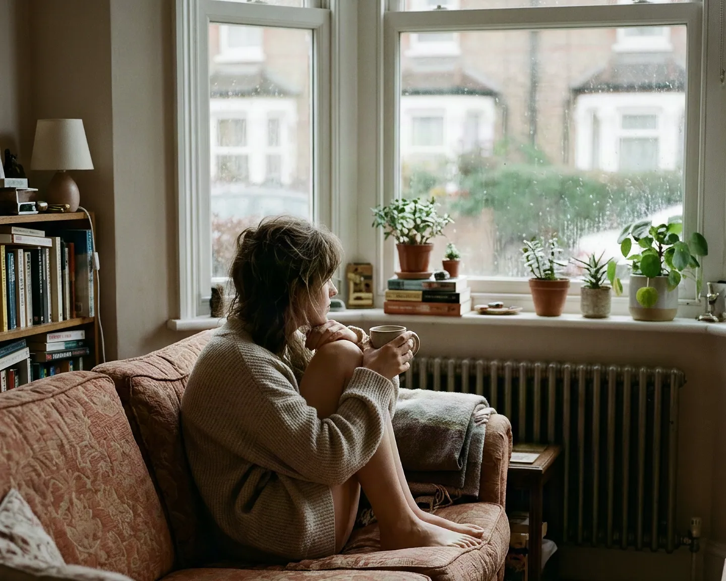 A woman curled up on the sofa with a mug, gazing out at the rain