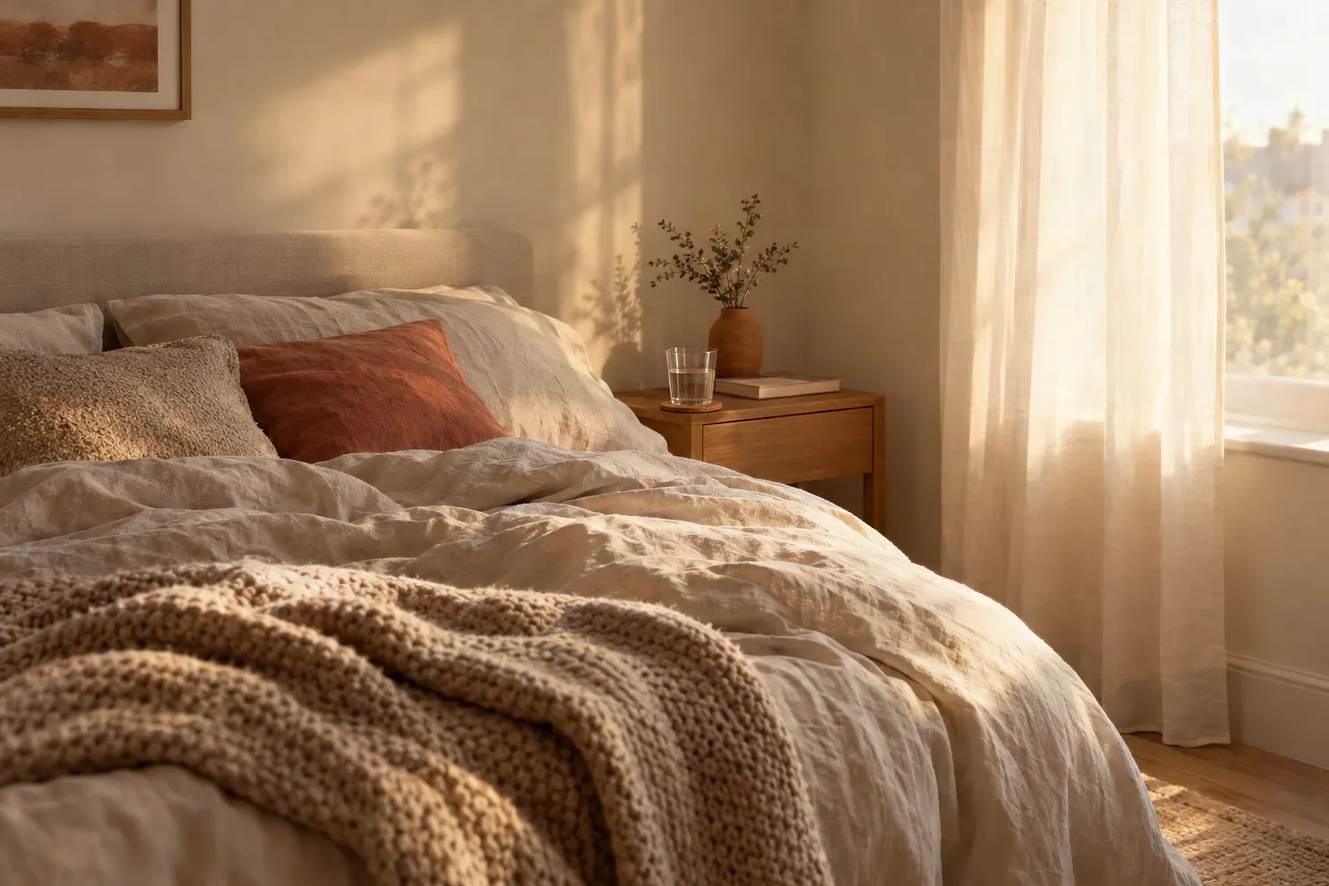 An unmade linen bed in soft morning light