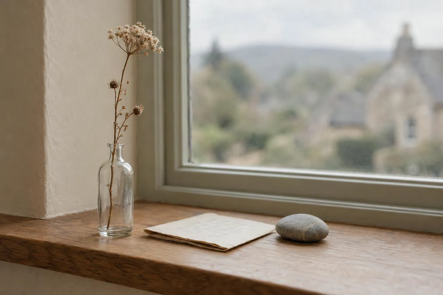 A dried wildflower in a glass bottle on a windowsill beside a folded letter