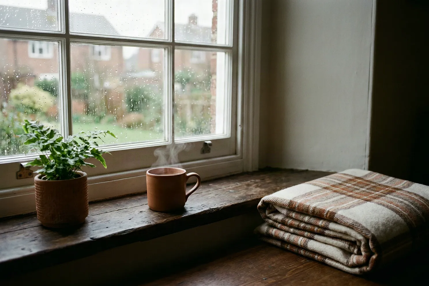 A mug of tea on a wooden windowsill on a rainy morning