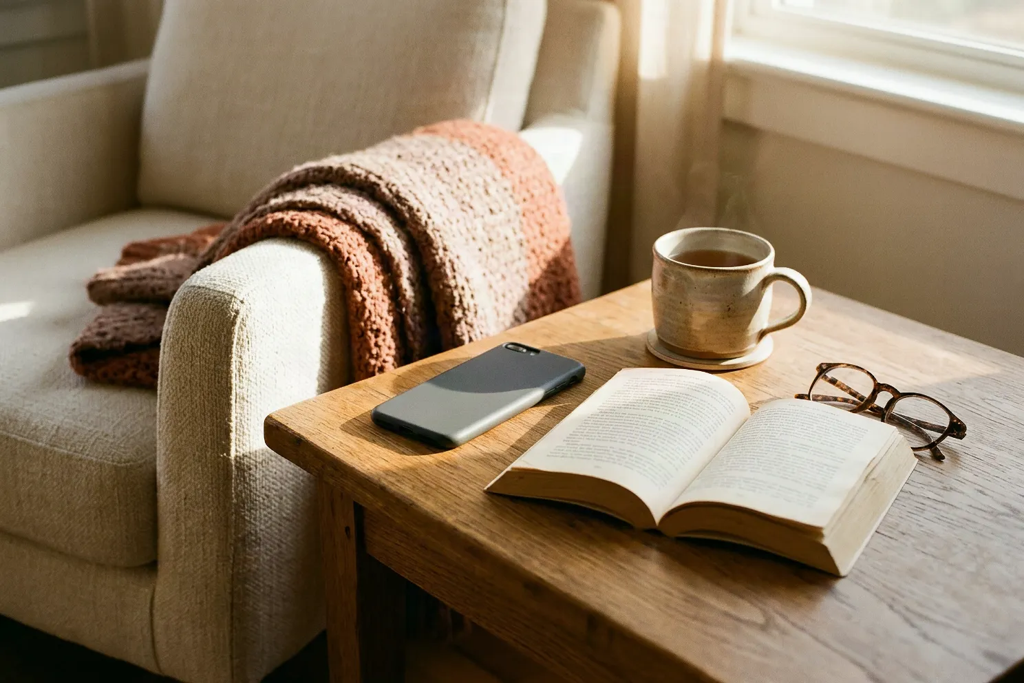 A phone set aside next to an open book and a cup of tea