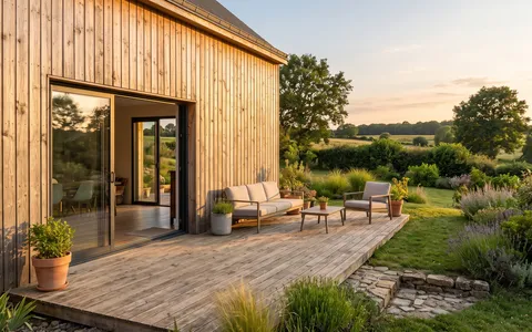 Extension ossature bois avec grande baie vitrée et terrasse