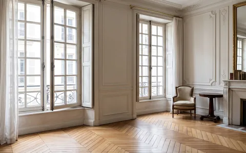Salon ancien avec grandes fenêtres bois à petits carreaux