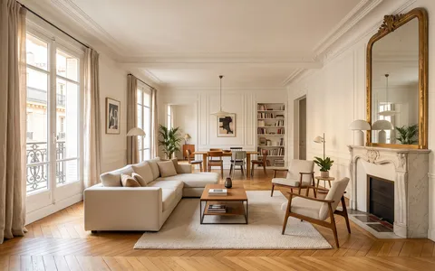 Salon haussmannien avec fenêtres hautes et cheminée