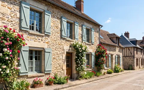 Maison en pierre avec volets battants bois et rosiers