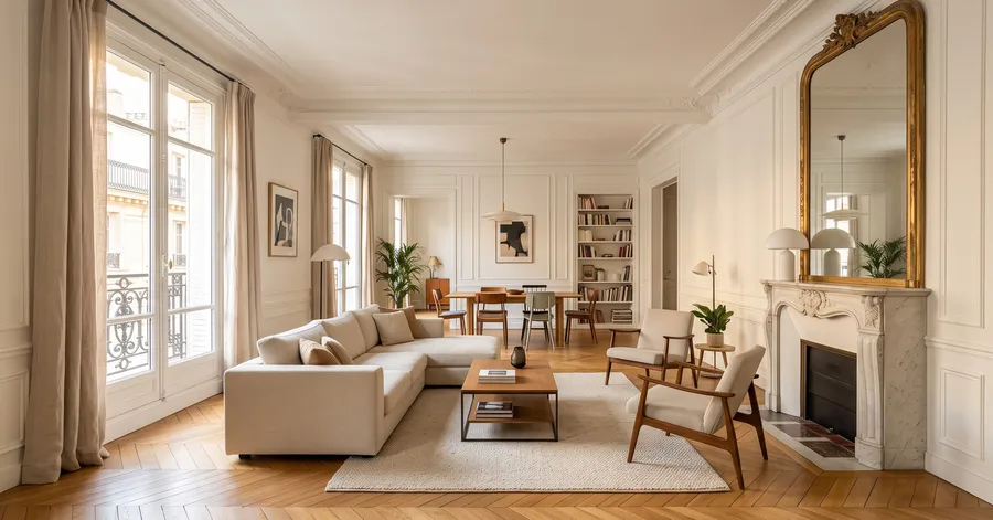 Grand salon d'appartement ancien aux hautes fenêtres blanches