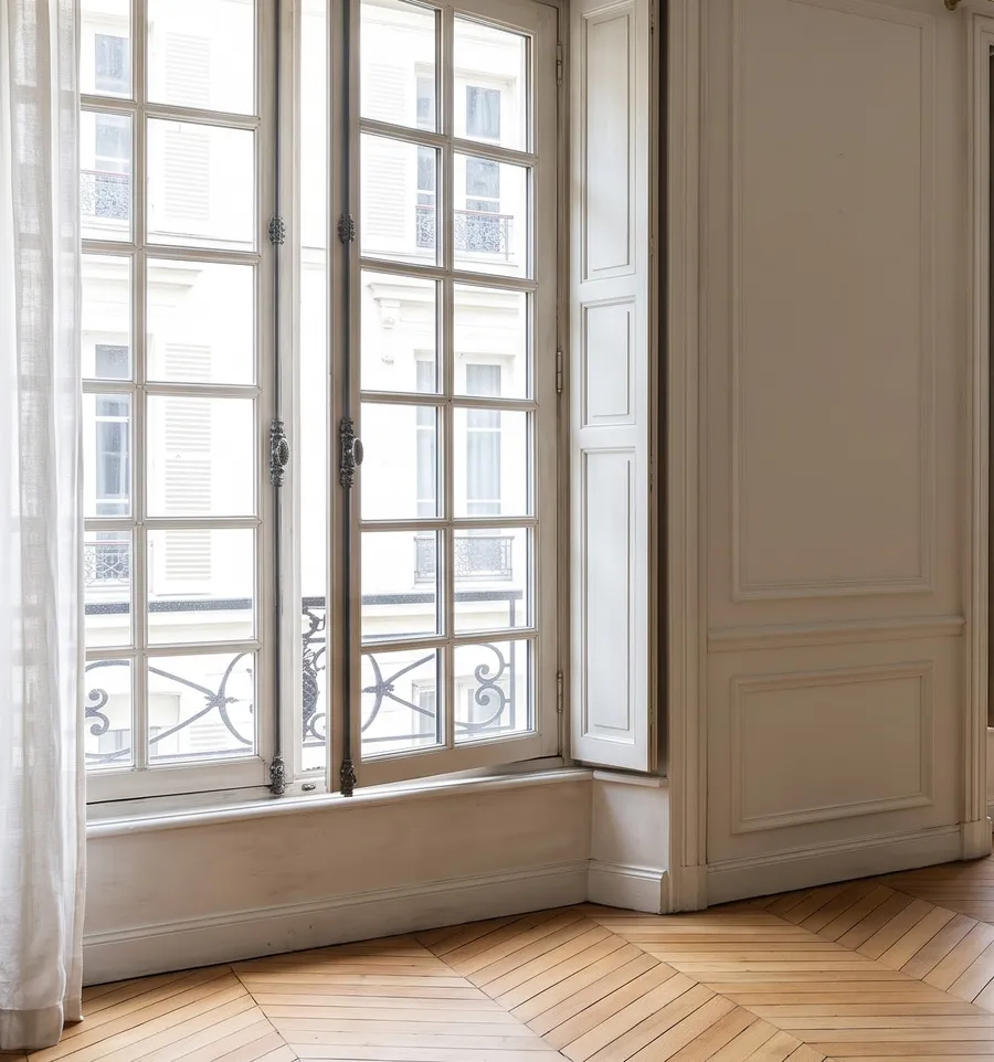 Fenêtres bois gueule de loup à petits bois dans un appartement ancien