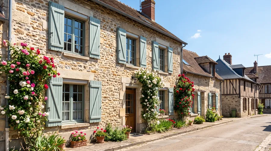 Rue de village aux maisons en pierre et fenêtres bois peintes