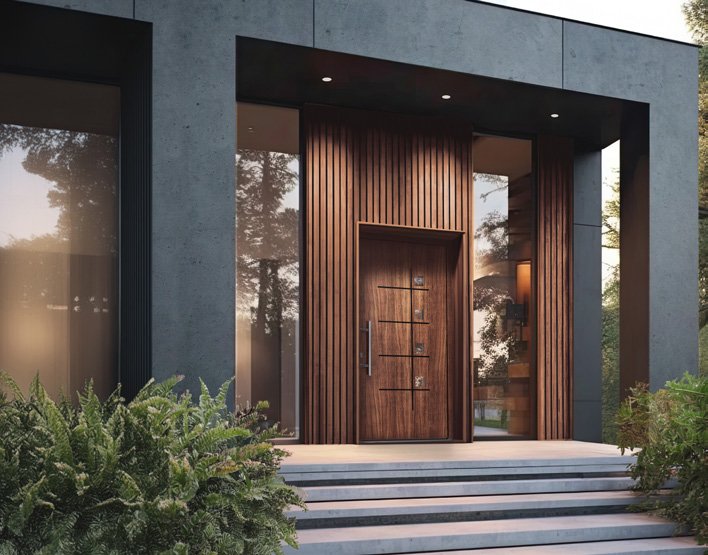Entrée de maison moderne avec porte en bois et bardage
