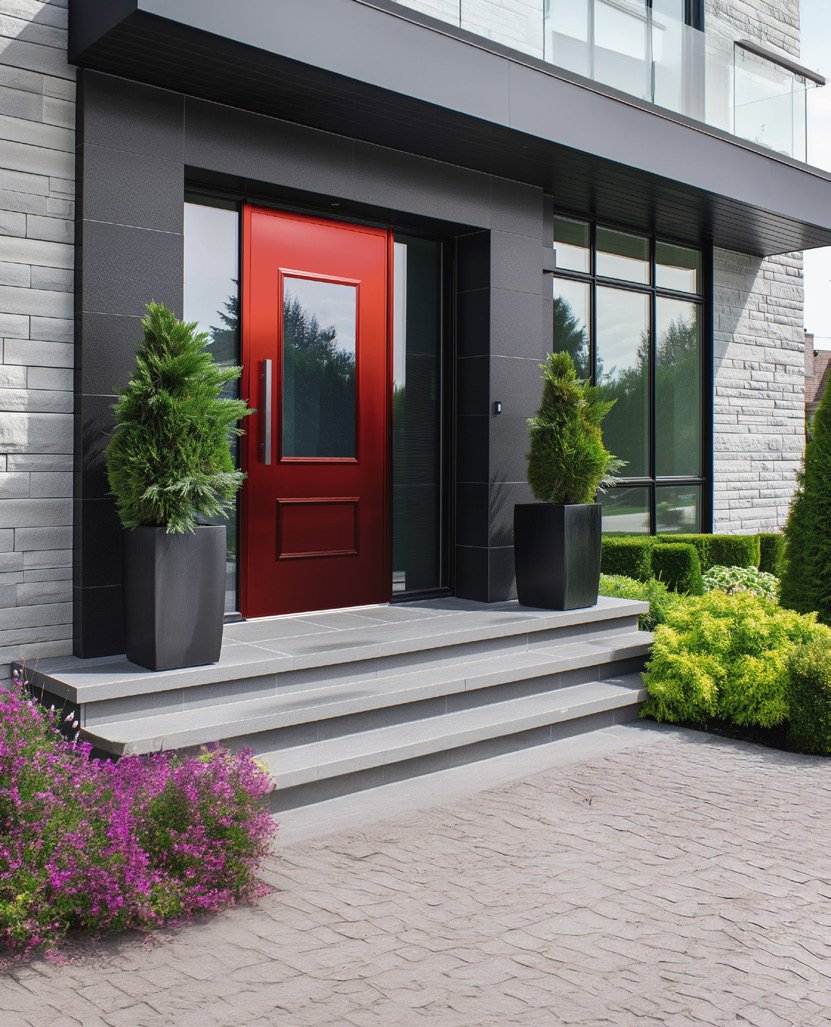 Maison contemporaine avec porte d’entrée rouge vitrée