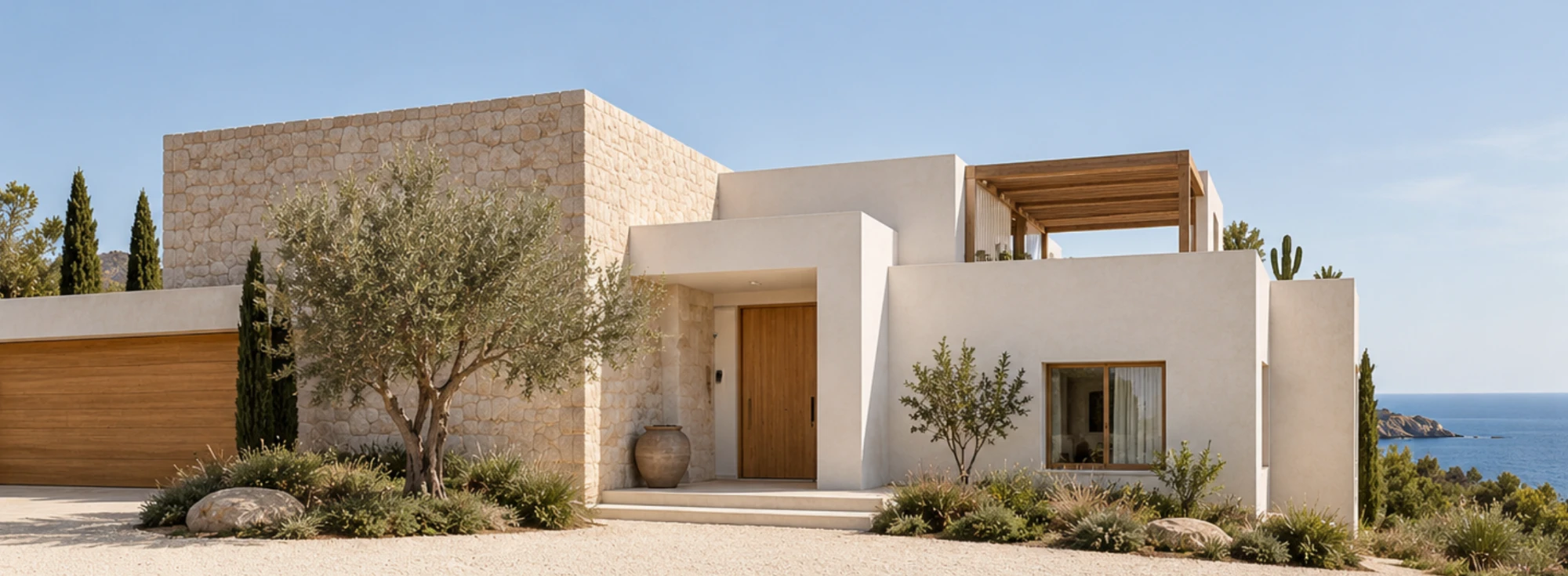 Entrance of a stone-and-plaster coastal villa with an olive tree