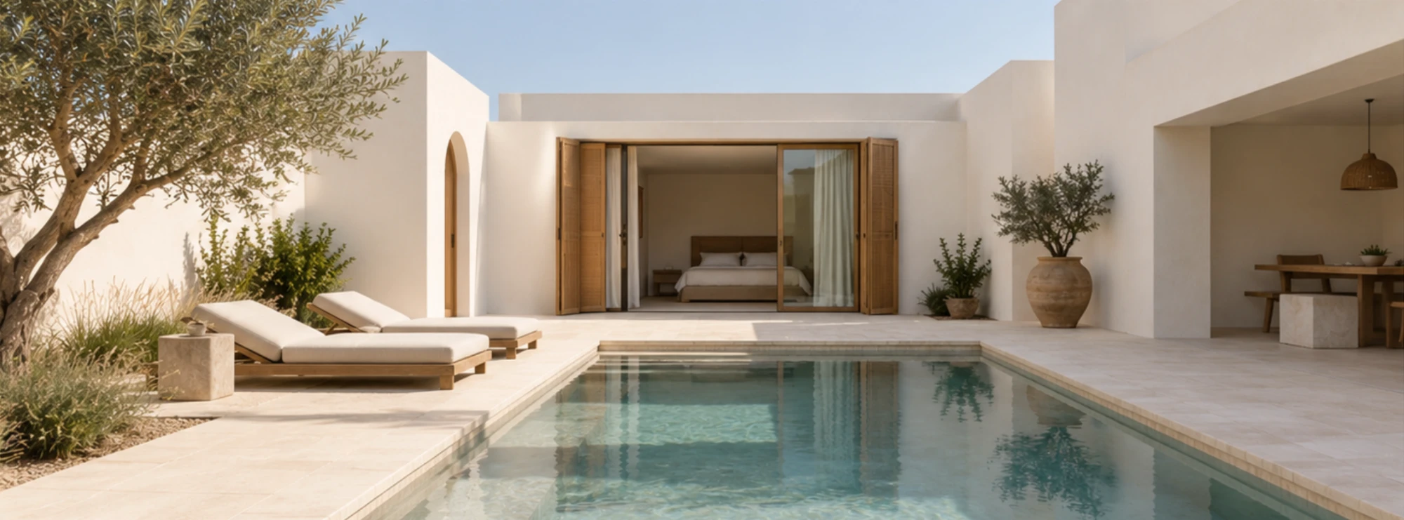 Courtyard pool with loungers outside a bedroom