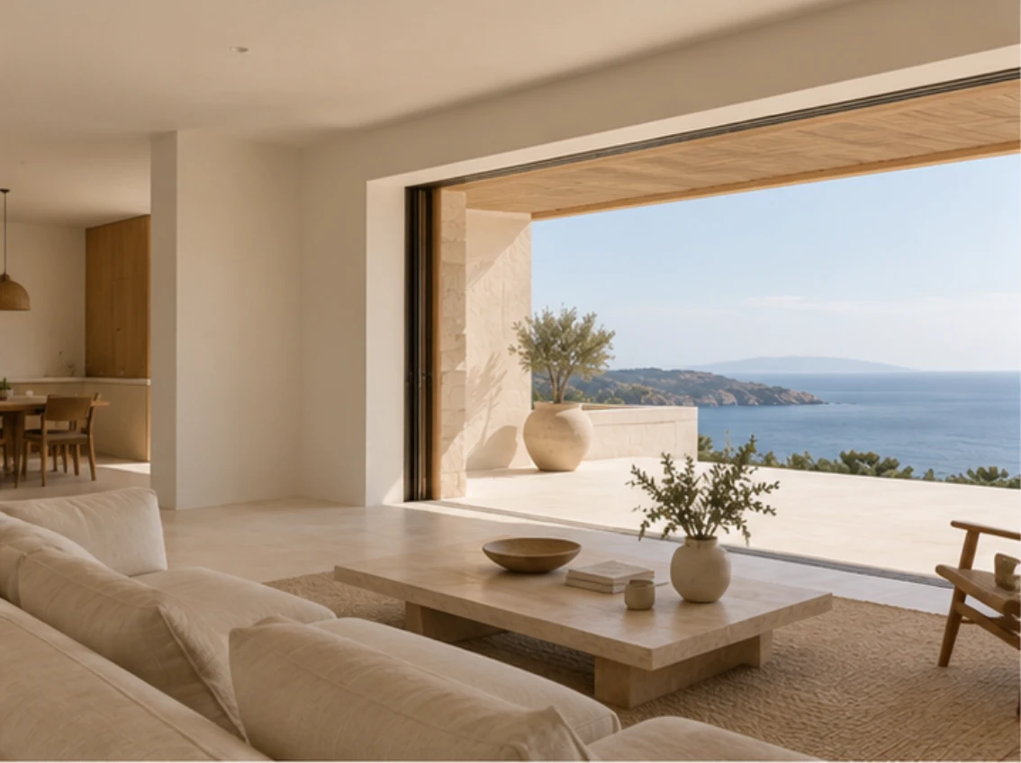 Living room with doors open onto a terrace and the sea