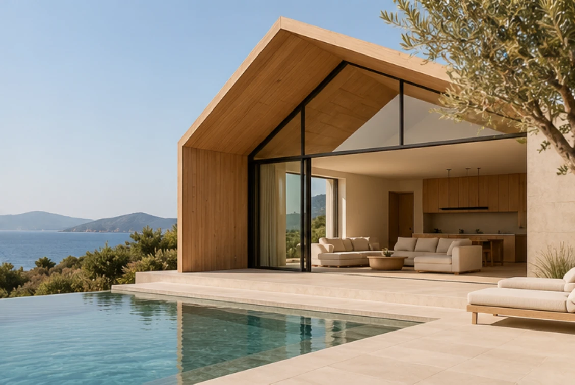 A timber-clad villa with an infinity pool looking out over the sea