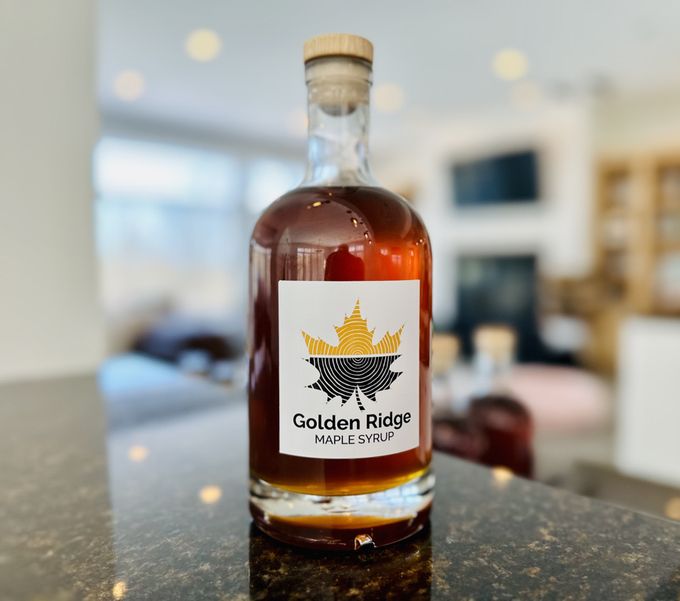 A bottle of homemade maple syrup
