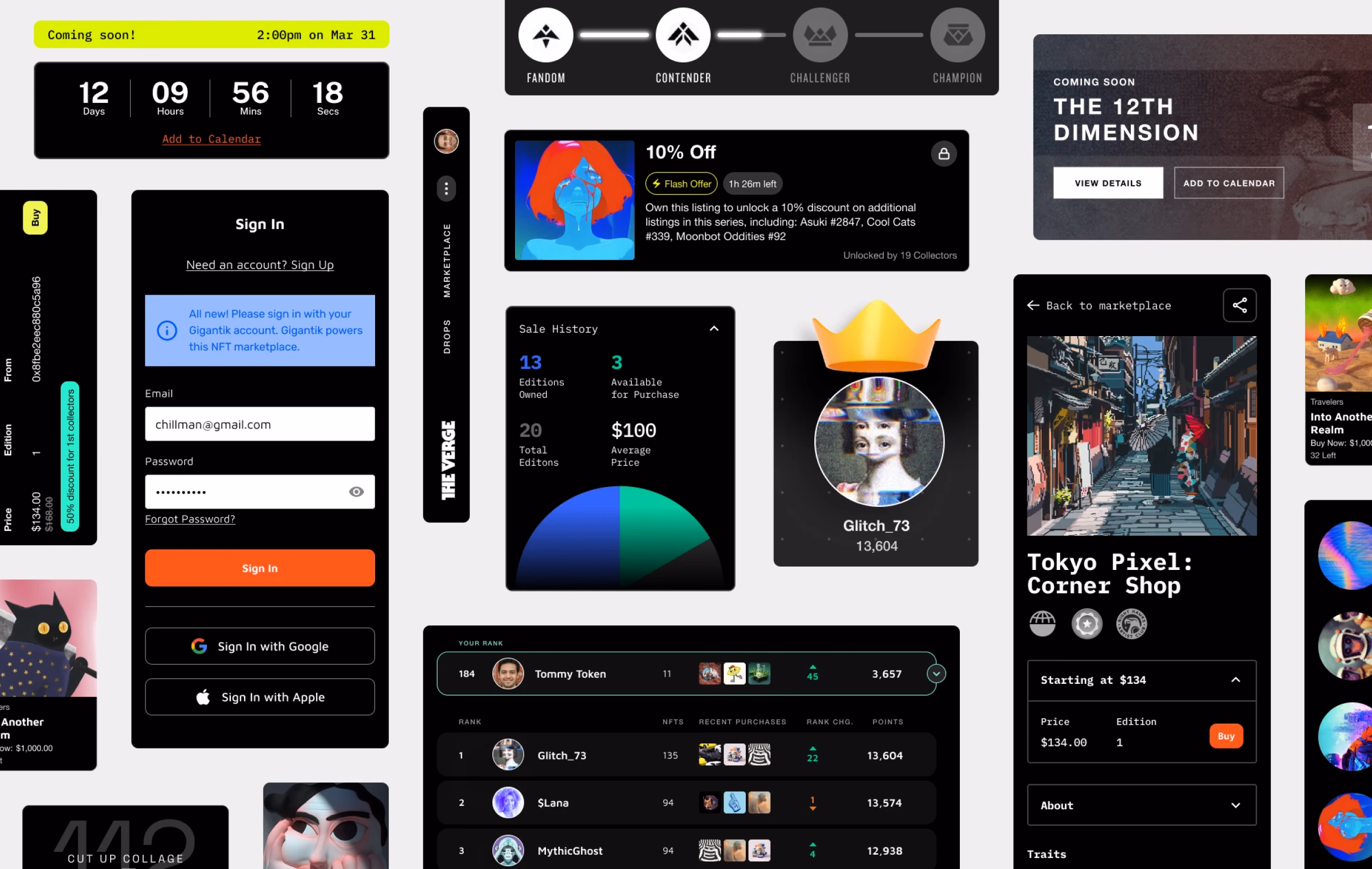 Collage of Gigantik marketplace interface screens: sign-in, drop countdown, collector leaderboard, sale history, and item detail
