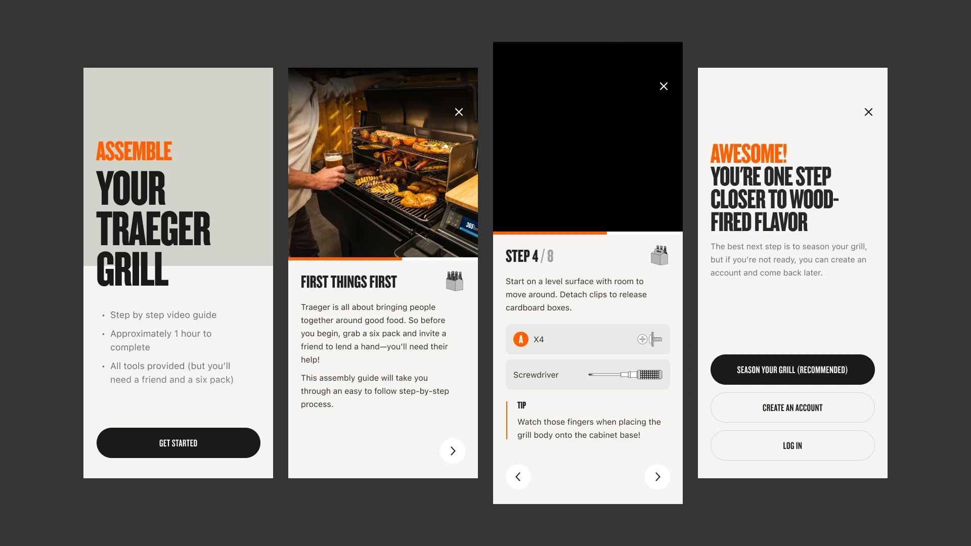 Four Traeger app screens from the grill assembly guide: welcome, first things first, step 4 of 8, and season your grill