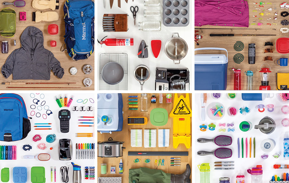 Six flat-lay arrangements of Newell Brands products, including Marmot packs, Coleman gear, DYMO label makers, Sharpie markers and kitchenware
